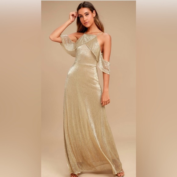 LULU’S Lulus Shine Bright Gold Off-the-Shoulder Maxi Dress - Picture 1 of 8